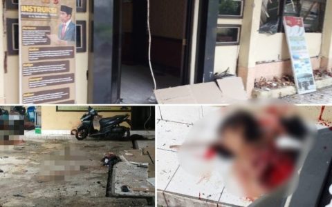 印尼警察局遭恐怖自杀式炸弹突袭现场画面血腥瘆人