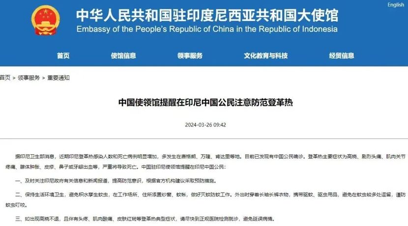 中使领馆提醒在印尼中国公民注意防范登革热